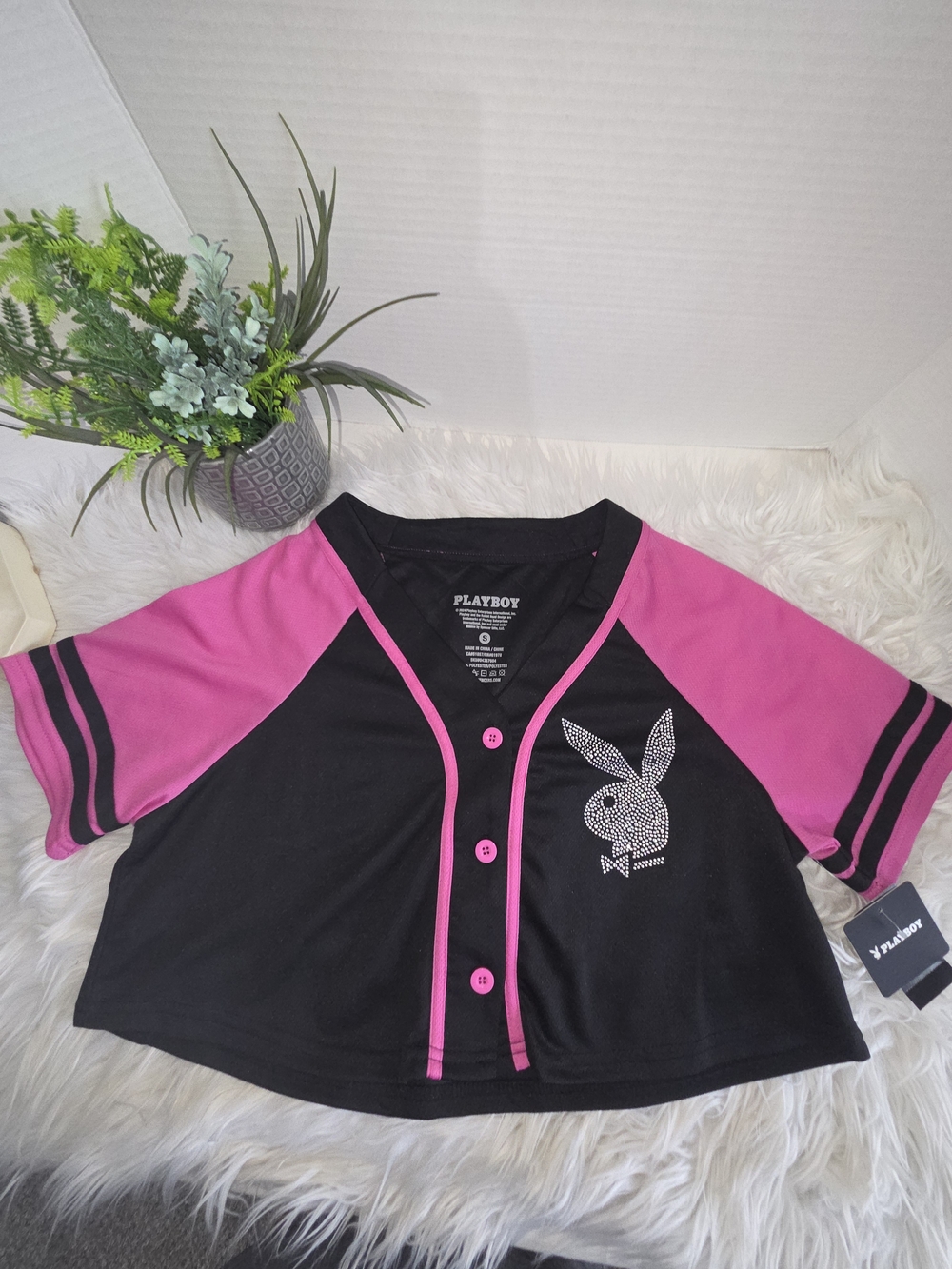NWT PLAYBOY Black and Hot Pink Rhinestone Bunny Baseball Jersey. Size Small - Picture 8 of 9